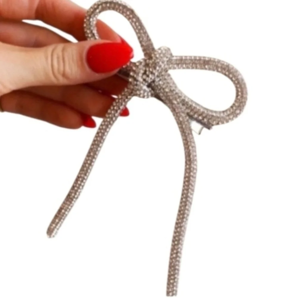 New! Rhinestone Bow Hair Clip Barrette Silver Crystal Glam | NWOT